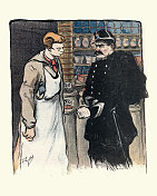 法国警察宪兵队，在和一个杂货商说话，古董漫画