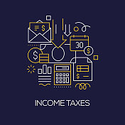 向量集图解所得税概念。线条艺术风格背景设计网页，横幅，海报，打印等。矢量插图。