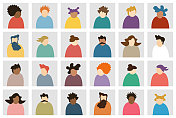 头像抽象现代人广场图标集-社交网络的轮廓多样化的脸-矢量插图