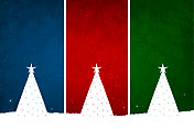 水平矢量插图的分割或分割多色背景与三个垂直划分红色,深蓝色和明亮的深绿色对比色,圣诞树和星星在所有三个 水平矢量插图的分割或分割多色背景与三个垂直划分红色,深蓝色和明亮的深绿色对比色,圣诞树和星星在所有三个