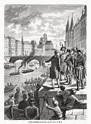 富尔顿在塞纳河上的汽船试验,木刻,出版于1900年 富尔顿在塞纳河上的汽船试验,木刻,出版于1900年