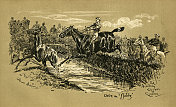 赛马骑师跳水篱笆，骑手少马，维多利亚运动，19世纪