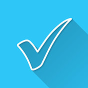 复选标记。蓝色背景上的图标-长阴影平面设计 复选标记。蓝色背景上的图标-长阴影平面设计