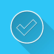 复选标记。蓝色背景上的图标-长阴影平面设计 复选标记。蓝色背景上的图标-长阴影平面设计