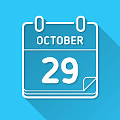 10月29日。蓝色背景上的图标-长阴影平面设计