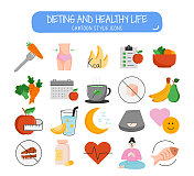 与节食和健康生活方式相关的对象和元素。手绘卡通风格矢量插图集合。手绘图标设置。