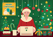 一个穿着圣诞老人套装的漂亮年轻女子在圣诞派对上使用笔记本电脑