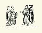 贵妇和女仆和两个资产阶级男人,十四世纪的时尚 贵妇和女仆和两个资产阶级男人,十四世纪的时尚