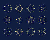 焰火。套黄金爆竹图标为周年，新年，庆祝，节日。蓝色背景上的平面设计。