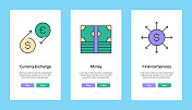 金钱概念入职手机应用程序页面屏幕与平面图标。UI设计模板矢量插图