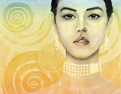 一幅有着亚洲和欧洲血统的年轻女子的肖像，上面装饰着太阳的象征
