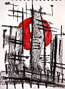 结合抽象的黑色和红色线条和形状。墨水和煤笔。现代的背景