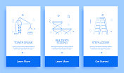 建筑行业概念入职移动应用程序页面屏幕与平面图标。用户体验，UI设计模板矢量插图