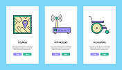 城市生活概念车载移动应用程序页面屏幕与线图标。用户体验，UI设计模板矢量插图