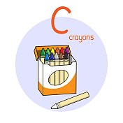 向量插图蜡笔与字母C大写字母或大写字母的儿童学习练习ABC