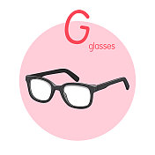 向量插图眼镜与字母G大写字母或大写字母的儿童学习练习ABC