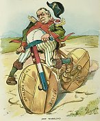 摇摇晃晃的:美国总统威廉?麦金利(William McKinley)艰难地骑着一辆木制轮子、标着“麦金利金融自行车”(McKinley’s Financial bike)的木制自行车。