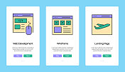 搜索引擎优化概念Onboarding移动应用程序页面屏幕与平面图标。UI设计模板矢量插图