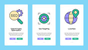 搜索引擎优化概念Onboarding移动应用程序页面屏幕与平面图标。UI设计模板矢量插图
