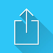 上传。图标在蓝色背景-平面设计与长阴影