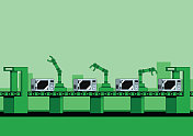 自动化微波和电器装配线与先进的自动化装配机器人。单色插图与充满活力的绿色。
