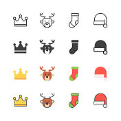 圣诞线，固体，扁平和彩色图标。可编辑的中风。包含像皇冠，驯鹿，圣诞袜，圣诞帽这样的图标。