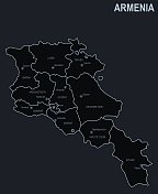 亚美尼亚的扁平地图，以黑色为背景的城市和地区