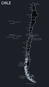 智利的平面地图，以黑色为背景的城市和地区