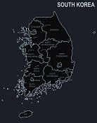 在黑色背景上的韩国城市和地区的平面地图
