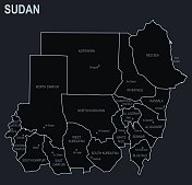 苏丹的平面地图，以黑色为背景的城市和地区