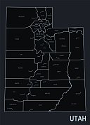 犹他州的平面地图与城市反对黑色的背景