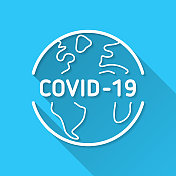 地球上COVID-19。图标在蓝色背景-平面设计与长阴影