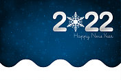 白色文本2022年和新年快乐在黑暗的午夜海蓝色水平节日发光模糊矢量背景贺卡,海报和横幅在底部波浪图案边界 白色文本2022年和新年快乐在黑暗的午夜海蓝色水平节日发光模糊矢量背景贺卡,海报和横幅在底部波浪图案边界