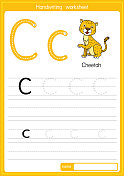 矢量插图猎豹与字母C大写字母或大写字母的儿童学习练习ABC