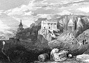 贝尼・希齐尔之墓，撒迦利亚之墓，押沙龙之墓，以色列耶路撒冷汲泉谷，大卫・罗伯茨绘制-奥斯曼帝国19世纪