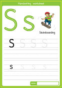 矢量说明滑板与字母S大写字母或大写字母的儿童学习练习ABC