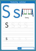 矢量说明秋千与字母S大写字母或大写字母的儿童学习练习ABC