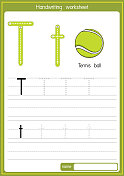 矢量说明网球与字母T大写字母或大写字母的儿童学习练习ABC