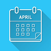 4月日历。图标在蓝色背景-平面设计与长阴影