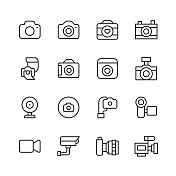 相机图标。可编辑Stroke，包含如下图标:相机、数字、网红、电影、照片、摄影、图片、安全摄像头、社交媒体、电视、视频、视频电话、视频会议、Vintage、网络摄像头。