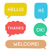 手绘语音气泡图标集。你好,嗨,谢谢,好的!欢迎来到语音气泡矢量设计。 手绘语音气泡图标集。你好,嗨,谢谢,好的!欢迎来到语音气泡矢量设计。