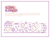 全球商业相关矢量横幅设计概念,现代线条风格与图标 全球商业相关矢量横幅设计概念,现代线条风格与图标