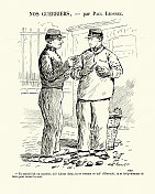 法国复古卡通，两个士兵削土豆19世纪90年代，19世纪