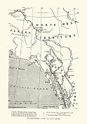 在1899年淘金热时期，一幅古老的地图展示了如何到达克朗代克河