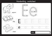 黑白矢量插图与字母E大写字母或大写字母的儿童学习练习ABC