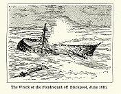 1897年6月16日，在一场猛烈的风暴中，HMS Foudroyant切断了一根缆绳，拖着剩余的锚，在黑池沙滩上上岸