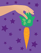 在明亮的星星背景下，手拿胡萝卜作为激励。