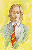插图彩绘肖像的年轻男子西装领带，长头发，戴眼镜