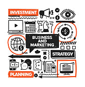 业务和营销对象和元素。矢量涂鸦插图收集。手绘图标集或横幅模板 业务和营销对象和元素。矢量涂鸦插图收集。手绘图标集或横幅模板