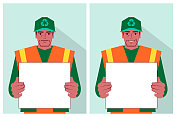 一个穿着反光背心的环卫工人拿着一块空白的牌子，带着两种不同的情绪